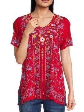 John Mark Red Floral Embroidered V‑Neck Tunic